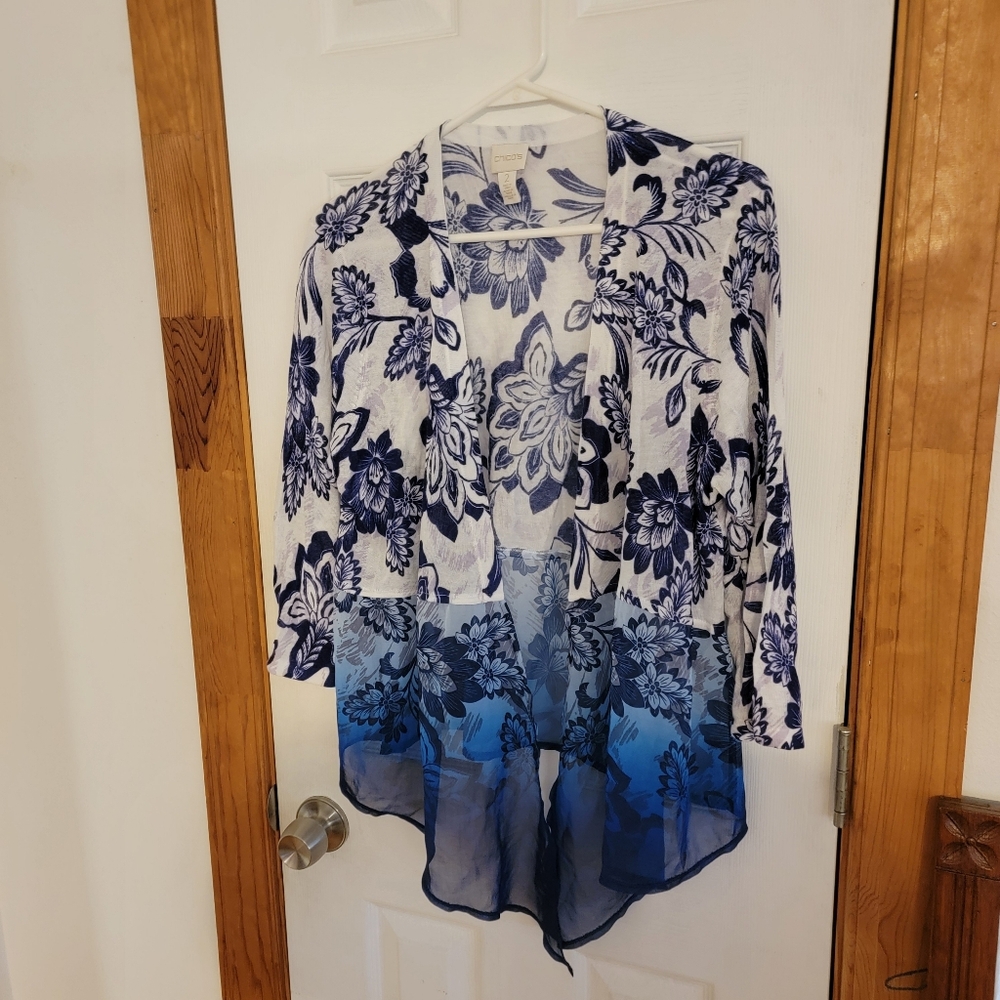 Chicos Size 2 Large Open Drape Cardigan Sweater Blue Floral Ombre Ramie Blend